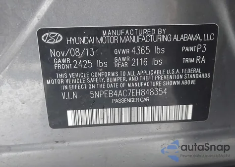 2014 Hyundai Sonata Gls z USA, uszkodzony, nr VIN 5NPEB4AC7EH848354